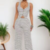 Women knitting casual summer striped top and long pants two-piece set