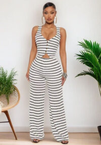 Women knitting casual summer striped top and long pants two-piece set