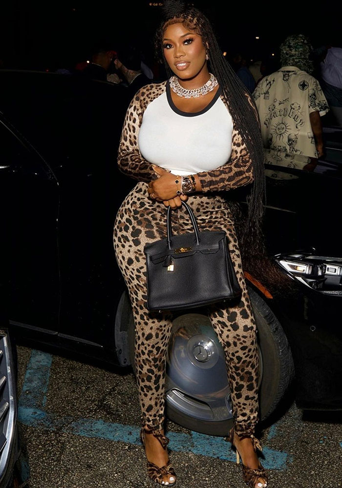 Women leopard Patchwork sexy long sleeve Crop Top and Pants Two Piece Set