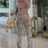 Women Leopard Print Contrast Lettering Zippered Top and Pants Two-Piece Set
