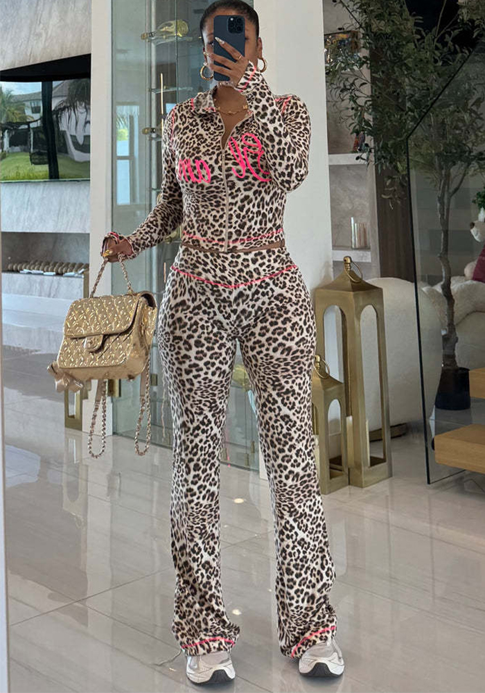 Women Leopard Print Contrast Lettering Zippered Top and Pants Two-Piece Set