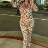 Women leopard print hooded Top and trousers two-piece set