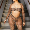 Women leopard print mesh long sleeve cape See-Through sexy two-piece set