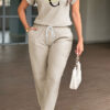 Women Letter T-Shirt Solid Straight-Leg Casual Two-Piece Pants