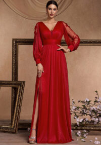 Women Long Sleeve Formal Party Sexy Slit Evening Dress