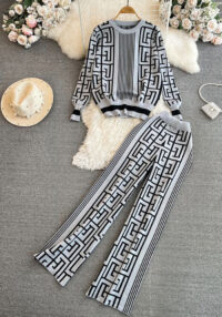 Women Long Sleeve Round Neck Knitting Top And Wide Leg Pants Two-Piece Set