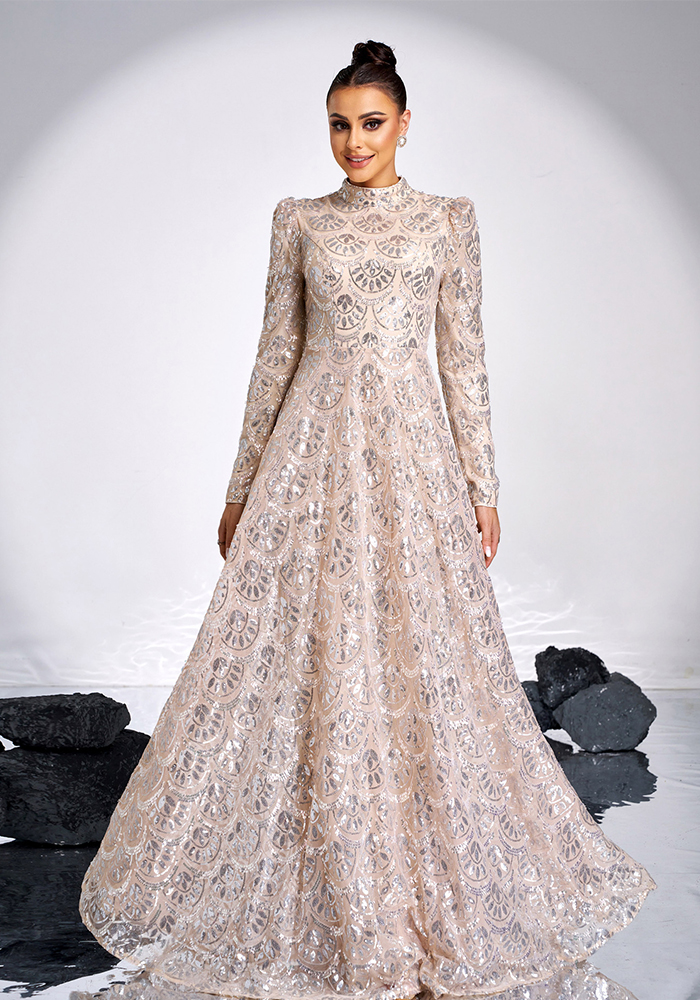 Women Long Sleeve Round Neck Sexy Sequined Formal Party Maxi Evening Dress