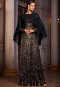 Women Long-Sleeved Round Neck Formal Party Sequined Evening Dress with Cape