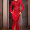 Women Long-Sleeved Round Neck Lace Formal Party Sequin Slit Evening Dress