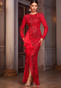 Women Long-Sleeved Round Neck Lace Formal Party Sequin Slit Evening Dress