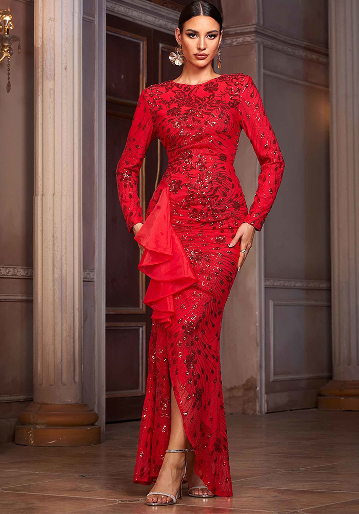 Women Long-Sleeved Round Neck Lace Formal Party Sequin Slit Evening Dress