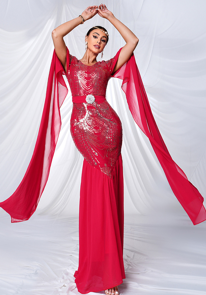 Women Long-Sleeved Round Neck Sequin Bodycon Formal Party Fishtail Evening Dress