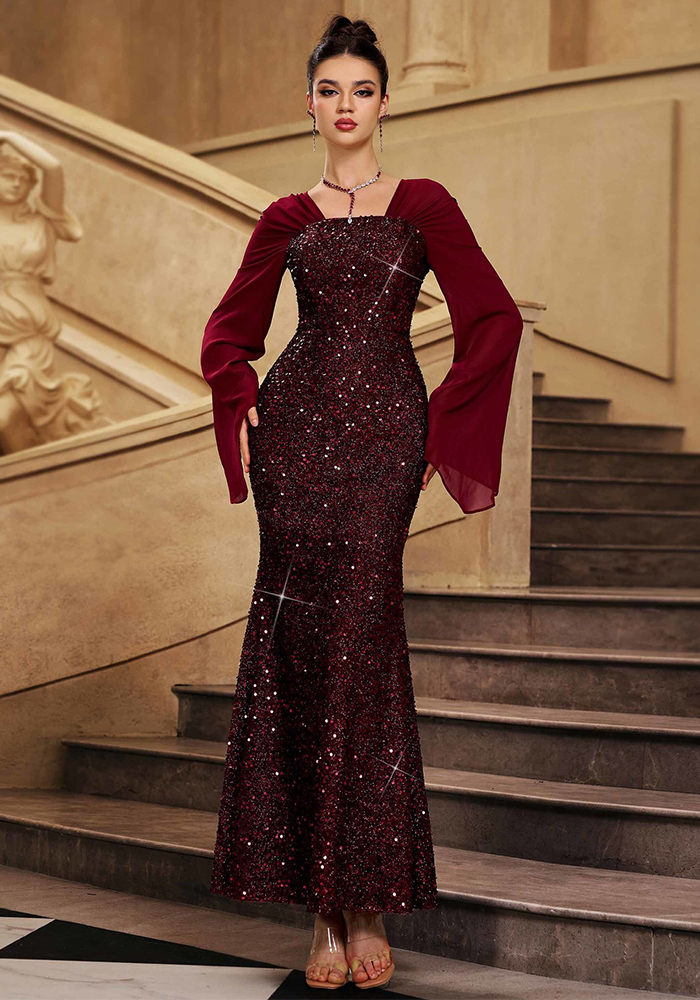 Women Long-Sleeved V-Neck Formal Party Sequined Maxi Dress