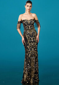 Women Off-Shoulder Tassel Formal Party Sequin Fishtail Evening Dress