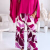 Women off-the-shoulder bat sleeves top and colorblock wide-leg pants two-piece set
