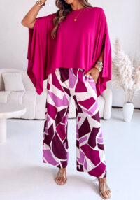 Women off-the-shoulder bat sleeves top and colorblock wide-leg pants two-piece set