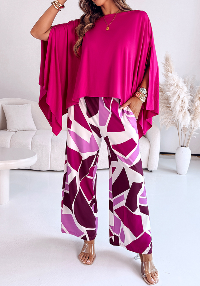 Women off-the-shoulder bat sleeves top and colorblock wide-leg pants two-piece set