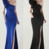 Women One-Shoulder Beaded Wool and Floral Satin Slit Sexy Evening Dress