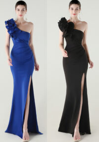 Women One-Shoulder Beaded Wool and Floral Satin Slit Sexy Evening Dress
