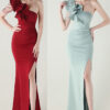 Women One-Shoulder Beaded Wool and Floral Satin Slit Sexy Evening Dress