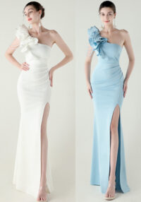 Women One-Shoulder Beaded Wool and Floral Satin Slit Sexy Evening Dress