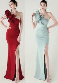 Women One-Shoulder Beaded Wool and Floral Satin Slit Sexy Evening Dress