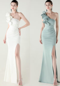 Women One-Shoulder Beaded Wool and Floral Satin Slit Sexy Evening Dress