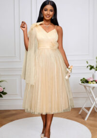 Women One-Shoulder Mesh V-Neck Floral Halter Party Dinner Dress