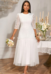 Women Party Round Neck Lace Wedding Reception Patchwork Fishtail Dresses