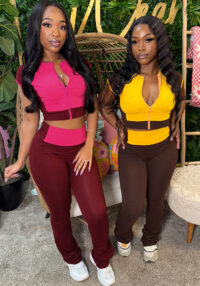 Women Patchwork Contrast Round Neck Short Sleeve Top and Bell Bottom Pants Two Piece Set