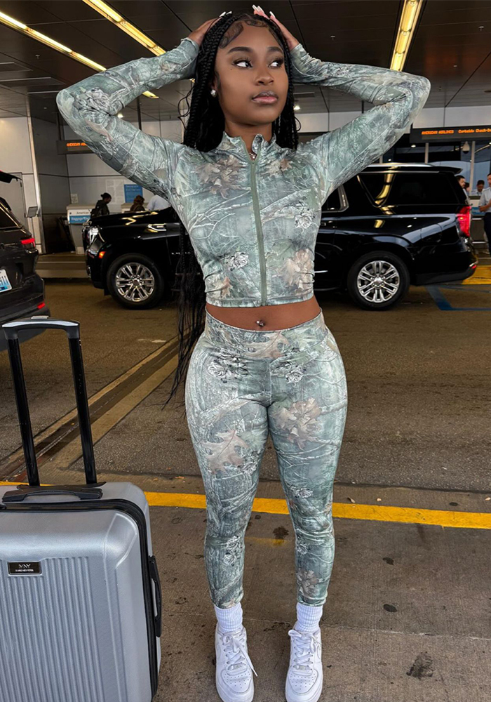 Women Printed Long-Sleeved Cropped Zipper Top and Pants Two-Piece Set