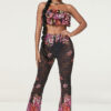 Women printed Strapless Top and See-Through Lace Bell Bottom Pants two-piece set