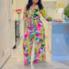 Women Printed Turndown Collar Lace-Up Shirt Wide Leg Pants Two-Piece Set