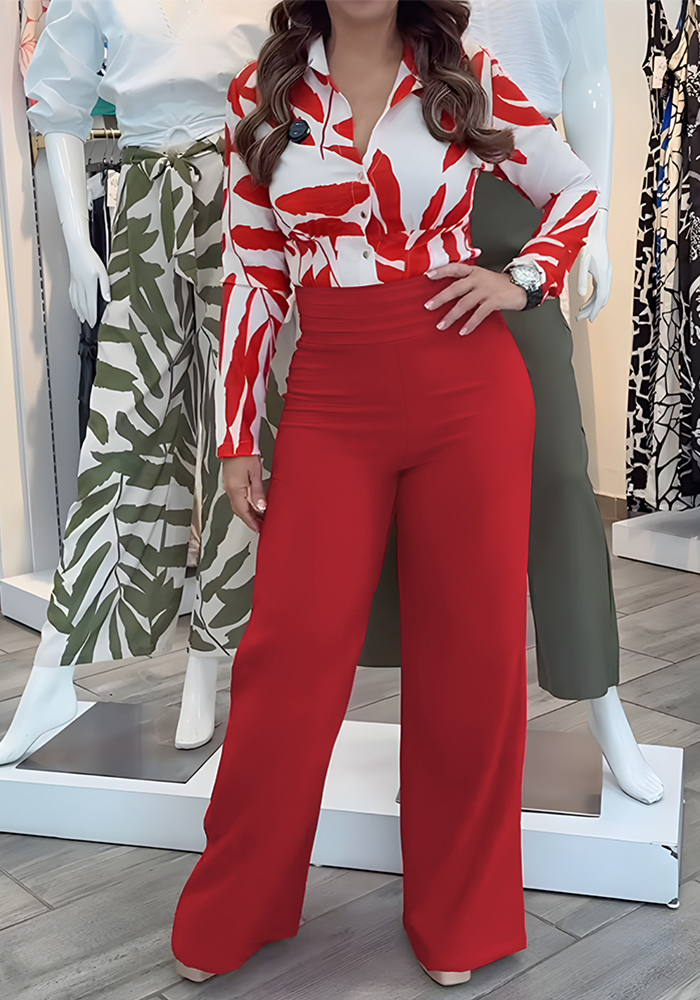 Women red printed shirt and pants two-piece set