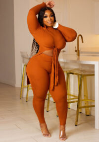 Women Ribbed Lace-Up Round Neck Long Sleeve Top and Pant Two Piece