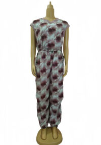 Women Ribbed Print Round Neck Short Sleeve Top and Cuffed Pants Casual Two-piece Set