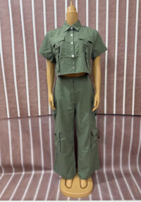 Women Ribbon Short Sleeve Top and Cargo Pants Two-Piece Set