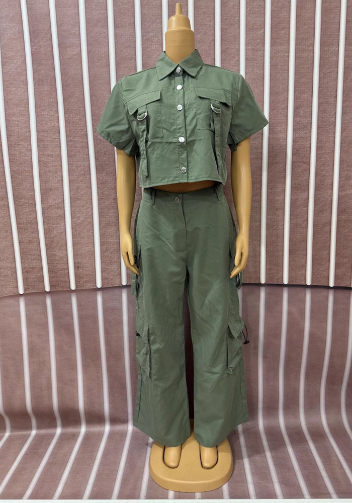 Women Ribbon Short Sleeve Top and Cargo Pants Two-Piece Set