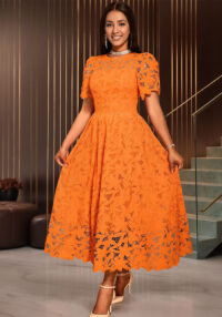 Women Round Neck Elegant Lace See-Through Formal Party Dress