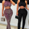 Women Round Neck Sexy Sleeveless Crop Top and Pants Two Piece Set