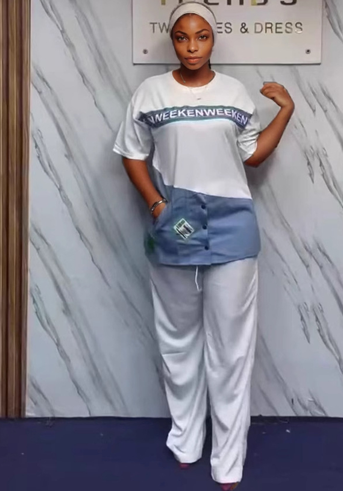 Women’s Denim Patchwork Fashion Two Piece Pants Set