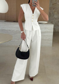 Women’s White Wide-Lapel V-Neck Sleeveless Wide-Leg Jumpsuit