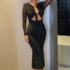 Women Sequin Tight Fitting Dress Summer Autumn Sexy Cut-Out Lace-Up Open Waist Evening Dress