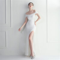 Women Sequined Off Shoulder Slit Formal Party Evening Dress