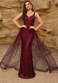 Women Sequined Patchwork Mesh V-Neck Party Dress