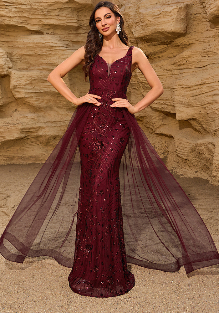 Women Sequined Patchwork Mesh V-Neck Party Dress