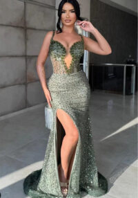 Women Sequined Sexy V-Neck Slit Ruffle Strappy Fishtail Evening Dress