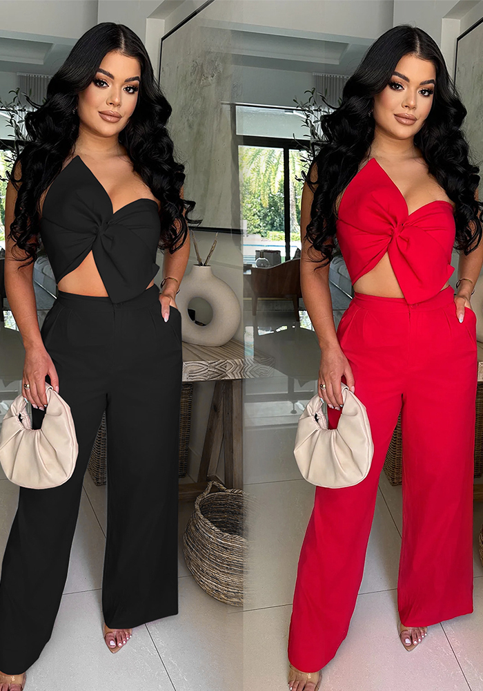 Women Sexy Bowknot Top and Pants Two Piece Set