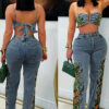 Women Sexy Floral Stretch Wrap Top and Denim Pants Two-Piece Set