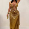 Women Sexy Halter Neck Gold Chain Pleated Dress